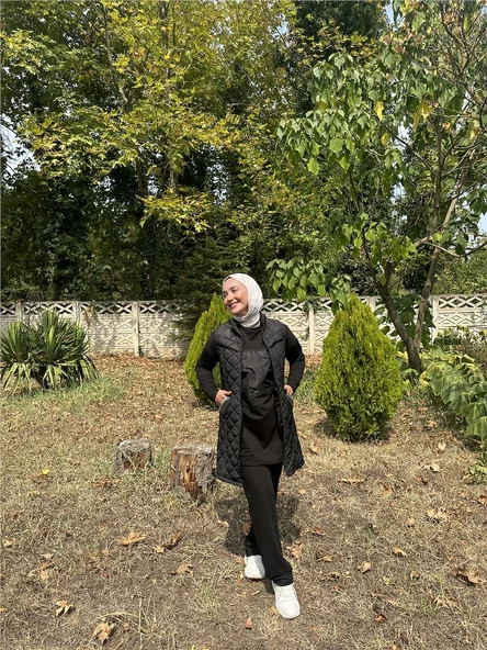 Dafne Cepli Eşofman Kolsuz Yelek Beli Lastikli Pantolon Üçlü Takım - (38-46) - 71149 - Siyah - 5
