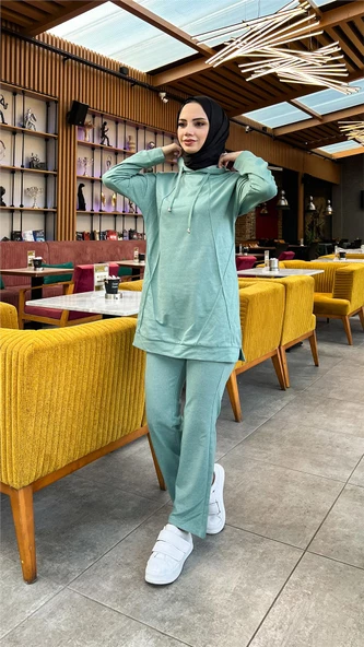 Kapşonlu O Yaka Sade Basic İkili Eşofman Spor Takımı - 03039.100 - Çağla Yeşili - Resim 5
