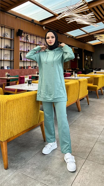 Kapşonlu O Yaka Sade Basic İkili Eşofman Spor Takımı - 03039.100 - Çağla Yeşili - Resim 8