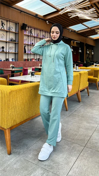 Kapşonlu O Yaka Sade Basic İkili Eşofman Spor Takımı - 03039.100 - Çağla Yeşili - Resim 3