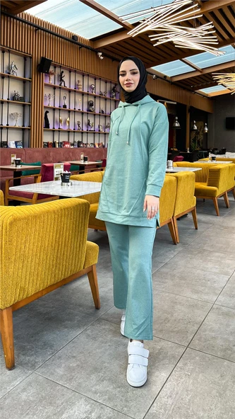 Kapşonlu O Yaka Sade Basic İkili Eşofman Spor Takımı - 03039.100 - Çağla Yeşili - Resim 4