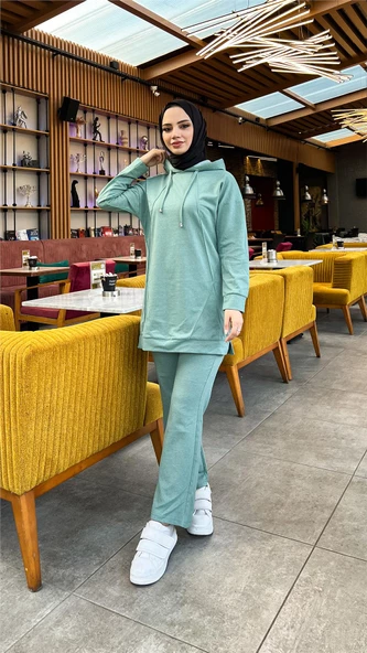 Kapşonlu O Yaka Sade Basic İkili Eşofman Spor Takımı - 03039.100 - Çağla Yeşili - Resim 9