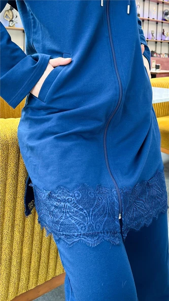 Fermuarlı Kapşonlu Dantel Desenli Tunik Pantolon İkili Spor Takım - 71158.006 - İndigo - Resim 12