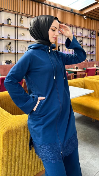 Fermuarlı Kapşonlu Dantel Desenli Tunik Pantolon İkili Spor Takım - 71158.006 - İndigo - Resim 11