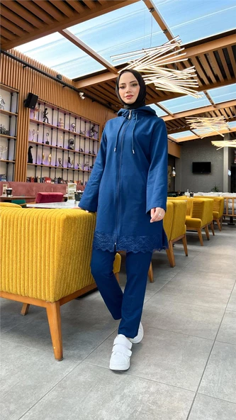 Fermuarlı Kapşonlu Dantel Desenli Tunik Pantolon İkili Spor Takım - 71158.006 - İndigo - Resim 5