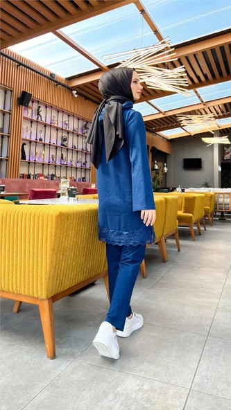 Fermuarlı Kapşonlu Dantel Desenli Tunik Pantolon İkili Spor Takım - 71158.006 - İndigo - Resim 8