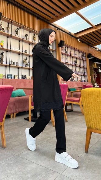 Fermuarlı Kapşonlu Dantel Desenli Tunik Pantolon İkili Spor Takım - 71158.003 - Siyah - 5