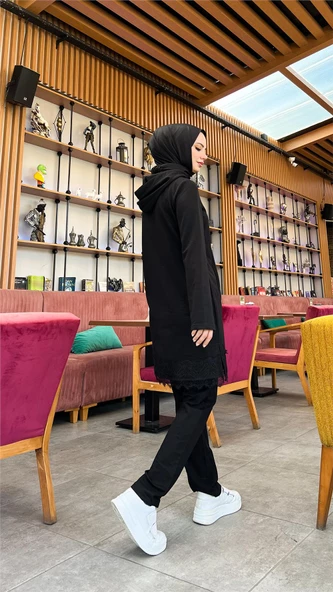 Fermuarlı Kapşonlu Dantel Desenli Tunik Pantolon İkili Spor Takım - 71158.003 - Siyah - 6