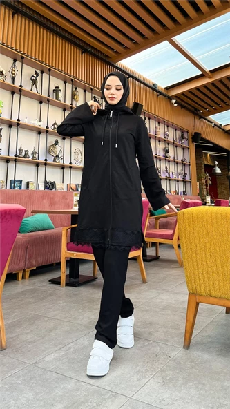 Fermuarlı Kapşonlu Dantel Desenli Tunik Pantolon İkili Spor Takım - 71158.003 - Siyah - 8