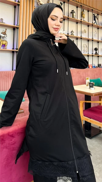 Fermuarlı Kapşonlu Dantel Desenli Tunik Pantolon İkili Spor Takım - 71158.003 - Siyah - 9
