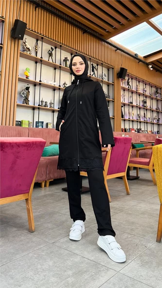 Fermuarlı Kapşonlu Dantel Desenli Tunik Pantolon İkili Spor Takım - 71158.003 - Siyah - 4