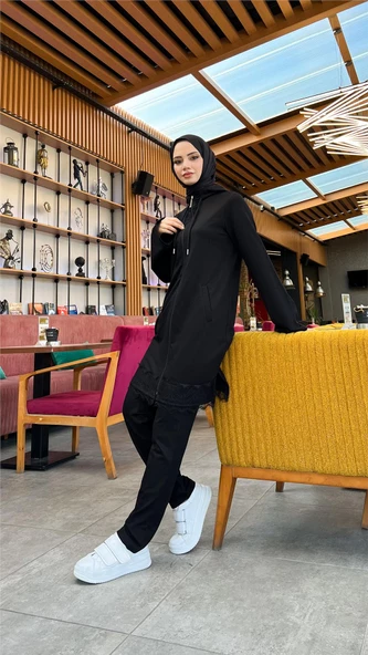 Fermuarlı Kapşonlu Dantel Desenli Tunik Pantolon İkili Spor Takım - 71158.003 - Siyah - 7