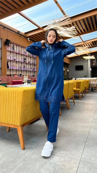 Fermuarlı Kapşonlu Dantel Desenli Tunik Pantolon İkili Spor Takım - 71158.006 - İndigo - Resim 7