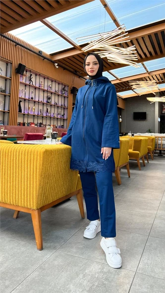 Fermuarlı Kapşonlu Dantel Desenli Tunik Pantolon İkili Spor Takım - 71158.006 - İndigo - Resim 6