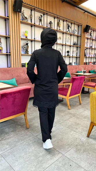 Fermuarlı Kapşonlu Dantel Desenli Tunik Pantolon İkili Spor Takım - 71158.003 - Siyah - 12