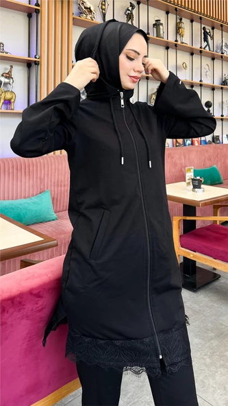 Fermuarlı Kapşonlu Dantel Desenli Tunik Pantolon İkili Spor Takım - 71158.003 - Siyah - 10