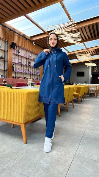 Fermuarlı Kapşonlu Dantel Desenli Tunik Pantolon İkili Spor Takım - 71158.006 - İndigo - Resim 3