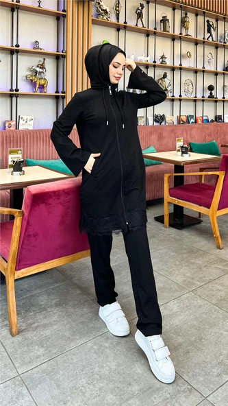 Fermuarlı Kapşonlu Dantel Desenli Tunik Pantolon İkili Spor Takım - 71158.003 - Siyah - 11