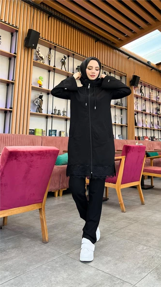 Fermuarlı Kapşonlu Dantel Desenli Tunik Pantolon İkili Spor Takım - 71158.003 - Siyah - 3