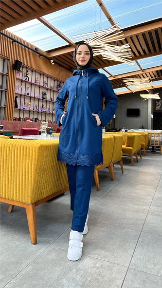 Fermuarlı Kapşonlu Dantel Desenli Tunik Pantolon İkili Spor Takım - 71158.006 - İndigo - Resim 2