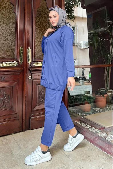 Çıtçıtlı Yandan Cepli İkili Sade Basic Eşofman Spor Takımı - 12009.006 - İndigo ürün görseli