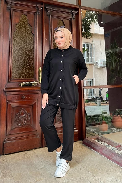 Çıtçıtlı Yandan Cepli İkili Sade Basic Eşofman Spor Takımı - 12009.003 - Siyah ürün görseli