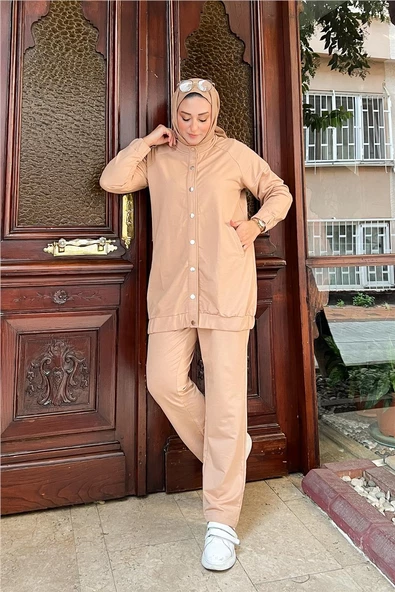 Çıtçıtlı Yandan Cepli İkili Sade Basic Eşofman Spor Takımı - 12009.026 - Bej - 4
