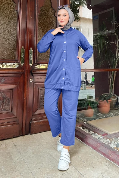 Çıtçıtlı Yandan Cepli İkili Sade Basic Eşofman Spor Takımı - 12009.006 - İndigo - Resim 6