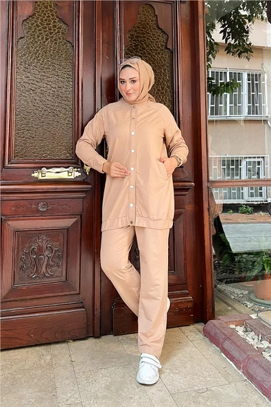 Çıtçıtlı Yandan Cepli İkili Sade Basic Eşofman Spor Takımı - 12009.026 - Bej - 5