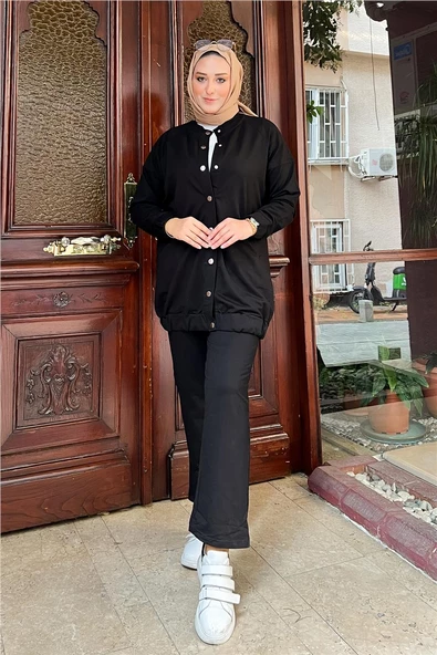 Çıtçıtlı Yandan Cepli İkili Sade Basic Eşofman Spor Takımı - 12009.003 - Siyah - Resim 3