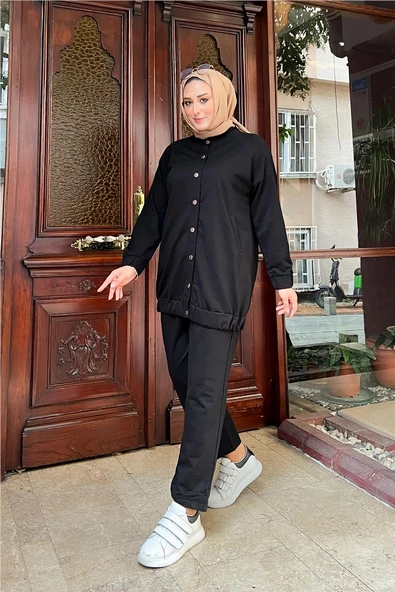 Çıtçıtlı Yandan Cepli İkili Sade Basic Eşofman Spor Takımı - 12009.003 - Siyah - Resim 8