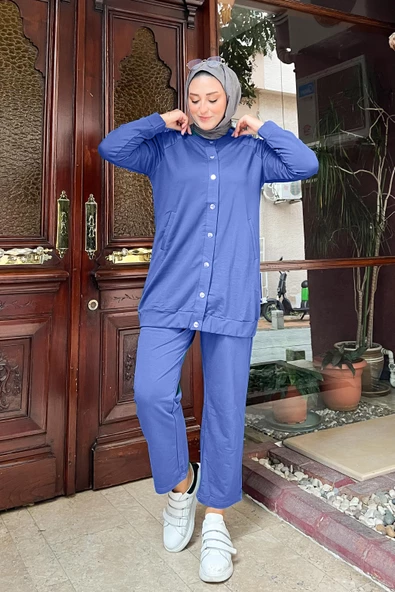 Çıtçıtlı Yandan Cepli İkili Sade Basic Eşofman Spor Takımı - 12009.006 - İndigo - Resim 2