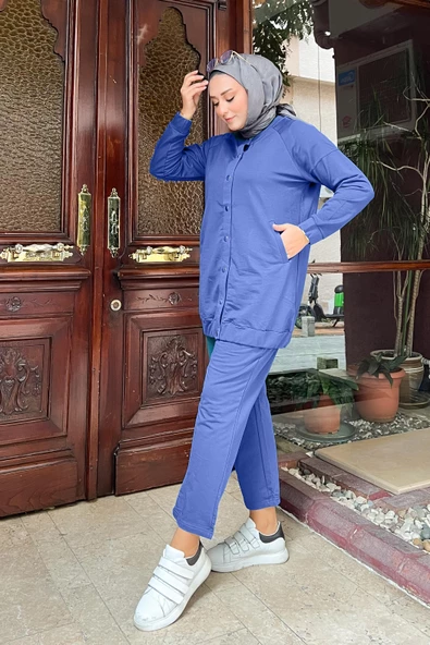 Çıtçıtlı Yandan Cepli İkili Sade Basic Eşofman Spor Takımı - 12009.006 - İndigo - Resim 3