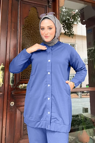 Çıtçıtlı Yandan Cepli İkili Sade Basic Eşofman Spor Takımı - 12009.006 - İndigo - Resim 8