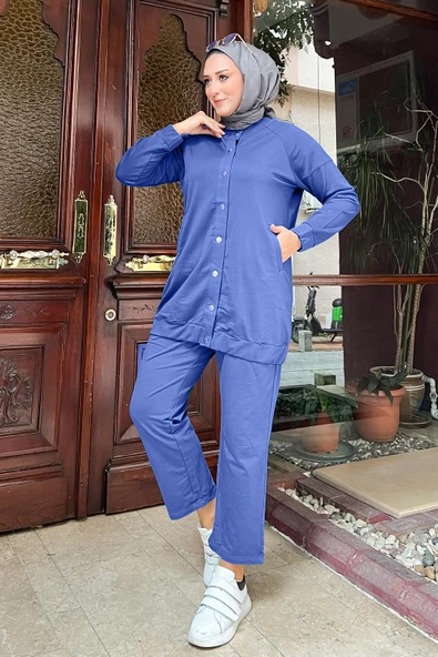 Çıtçıtlı Yandan Cepli İkili Sade Basic Eşofman Spor Takımı - 12009.006 - İndigo - Resim 4