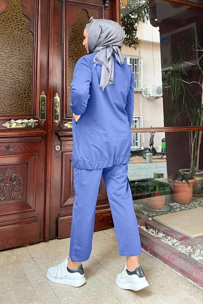 Çıtçıtlı Yandan Cepli İkili Sade Basic Eşofman Spor Takımı - 12009.006 - İndigo - Resim 7