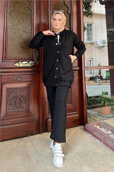 Çıtçıtlı Yandan Cepli İkili Sade Basic Eşofman Spor Takımı - 12009.003 - Siyah - Resim 2