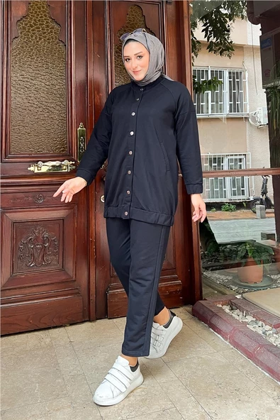 Çıtçıtlı Yandan Cepli İkili Sade Basic Eşofman Spor Takımı - 12009.015 - Lacivert - Resim 5