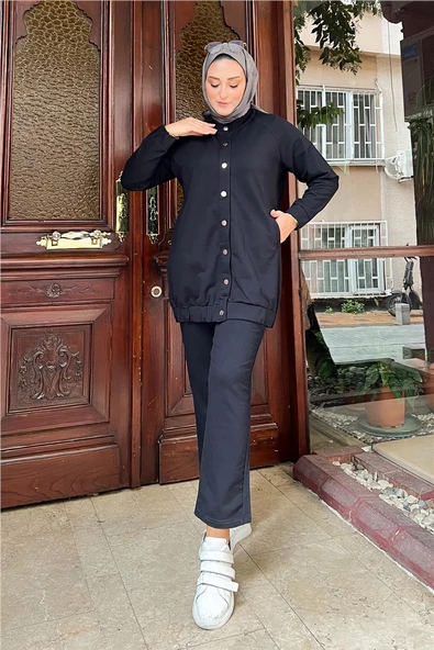 Çıtçıtlı Yandan Cepli İkili Sade Basic Eşofman Spor Takımı - 12009.015 - Lacivert - Resim 3