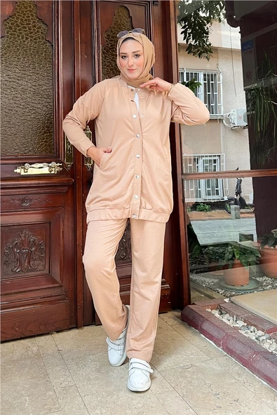 Çıtçıtlı Yandan Cepli İkili Sade Basic Eşofman Spor Takımı - 12009.026 - Bej - 3