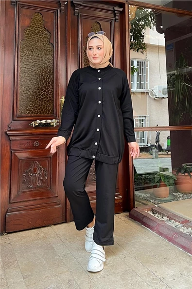 Çıtçıtlı Yandan Cepli İkili Sade Basic Eşofman Spor Takımı - 12009.003 - Siyah - Resim 7