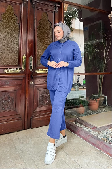Çıtçıtlı Yandan Cepli İkili Sade Basic Eşofman Spor Takımı - 12009.006 - İndigo - Resim 5