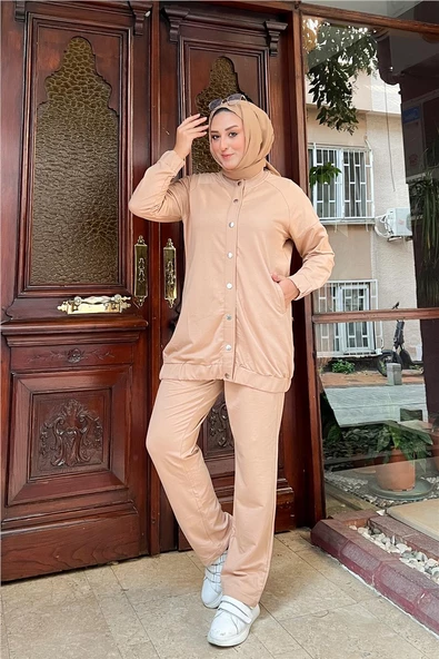 Çıtçıtlı Yandan Cepli İkili Sade Basic Eşofman Spor Takımı - 12009.026 - Bej - 10