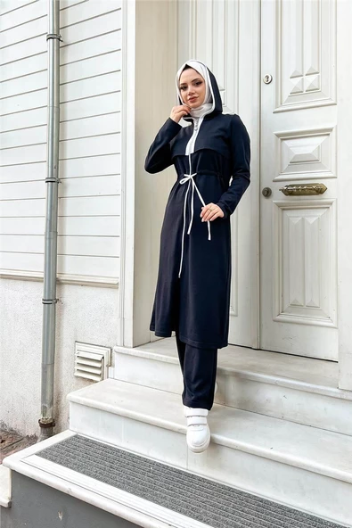 Kapşonlu Fermuarlı Belden Beyaz Bağcıklı Sade Basic İkili Spor Takımı - 03074.015 - Lacivert - Resim 10