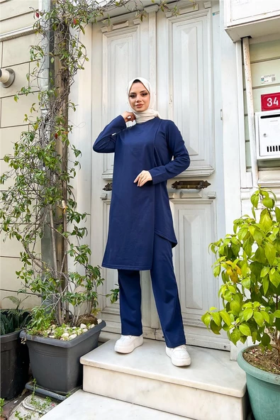 Kruvaze Bisiklet Yaka Sade Basic Tunik Panolon İkili Takım - 03076.202 - Açık Lacivert - Resim 6