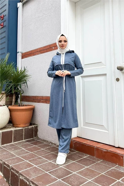 Kapşonlu Fermuarlı Belden Beyaz Bağcıklı Sade Basic İkili Spor Takımı - 03074.006 - İndigo ürün görseli