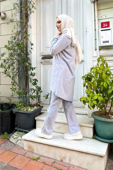 Kruvaze Bisiklet Yaka Sade Basic Tunik Panolon İkili Takım - 03076.008 - Gri - Resim 6