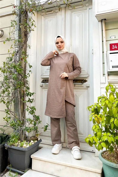 Kruvaze Bisiklet Yaka Sade Basic Tunik Panolon İkili Takım - 03076.016 - Vizon - Resim 7