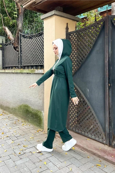 Kapşonlu Fermuarlı Belden Beyaz Bağcıklı Sade Basic İkili Spor Takımı - 03074.021 - Nefti - Resim 5