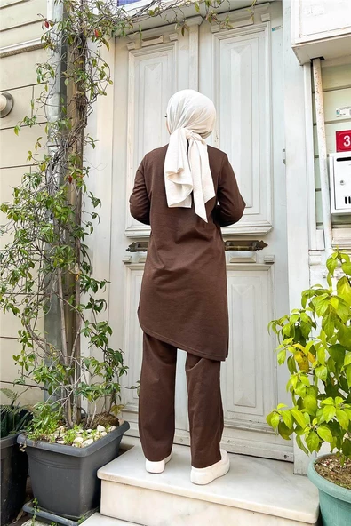 Kruvaze Bisiklet Yaka Sade Basic Tunik Panolon İkili Takım - 03076.028 - Kahverengi - Resim 6